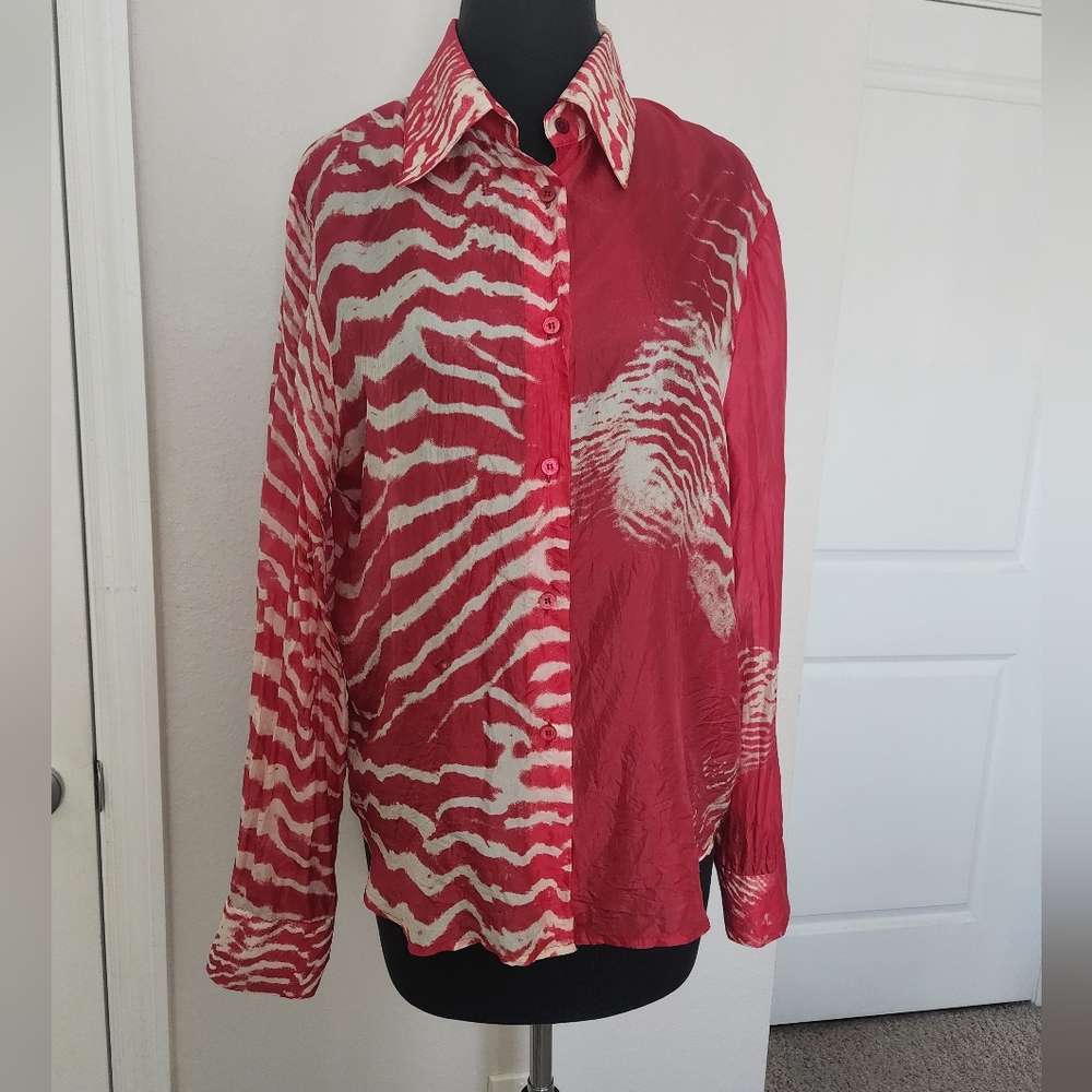 Les Copains Red and Cream Zebra-Pattern Button-Down Shirt